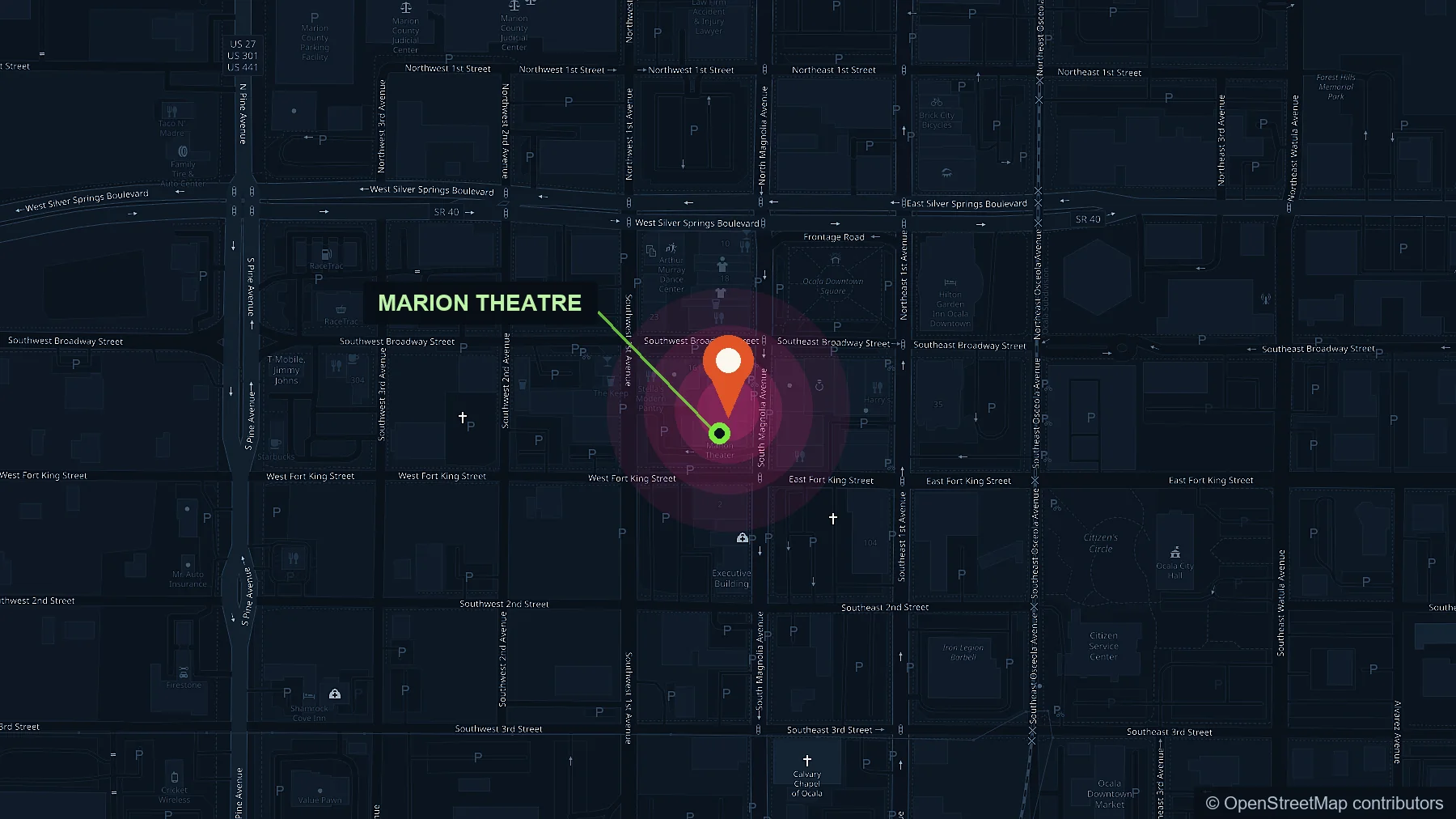 Map of downtown Ocala showing The Tipsy Skipper at 48 S Magnolia Avenue, directly beside the Marion Theatre, between Silver Springs Boulevard and West Fort King Street.