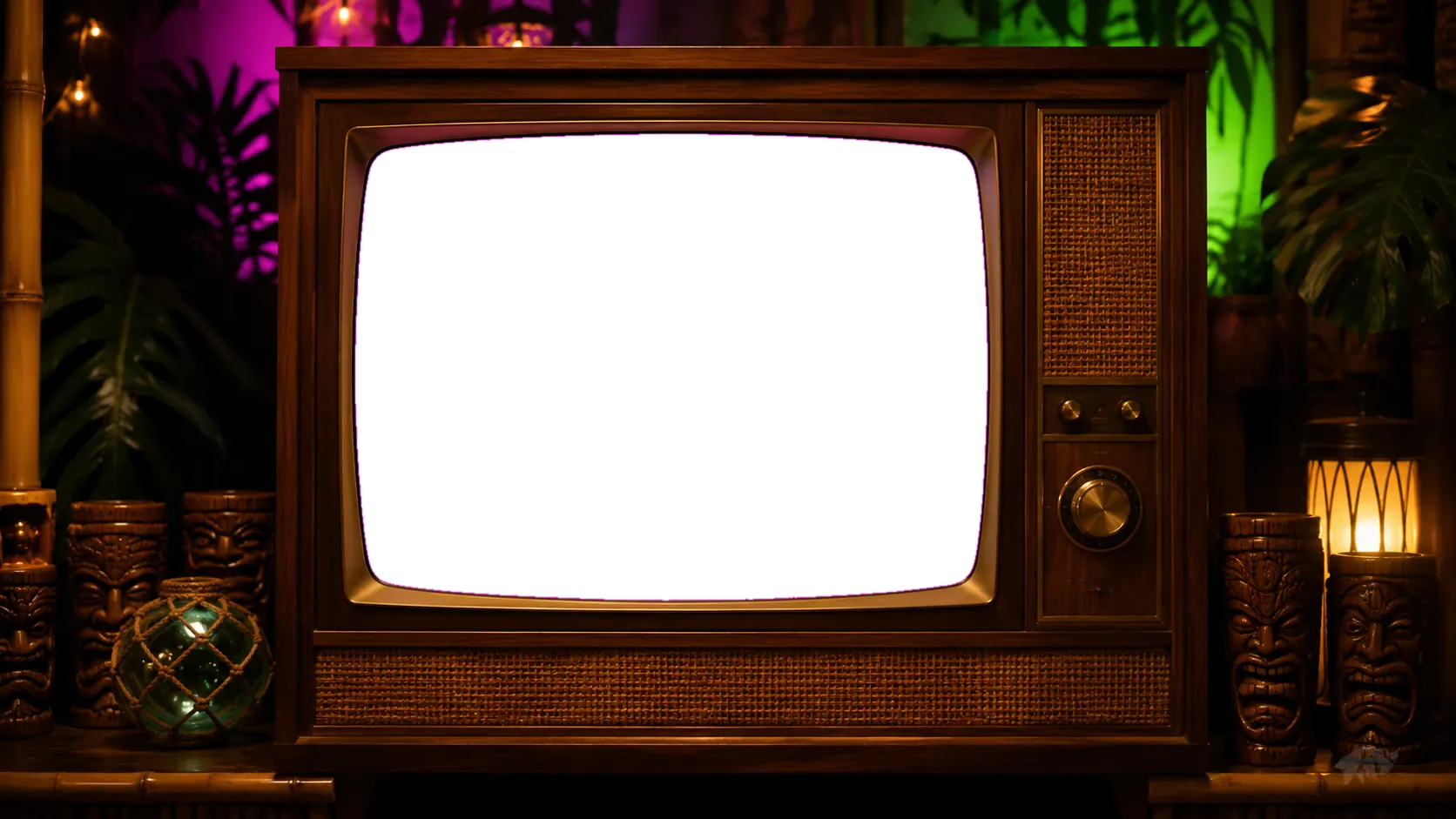A 1959 console television in a wood cabinet playing a black-and-white monster movie, surrounded by carved tiki mugs and bamboo at The Tipsy Skipper in Ocala